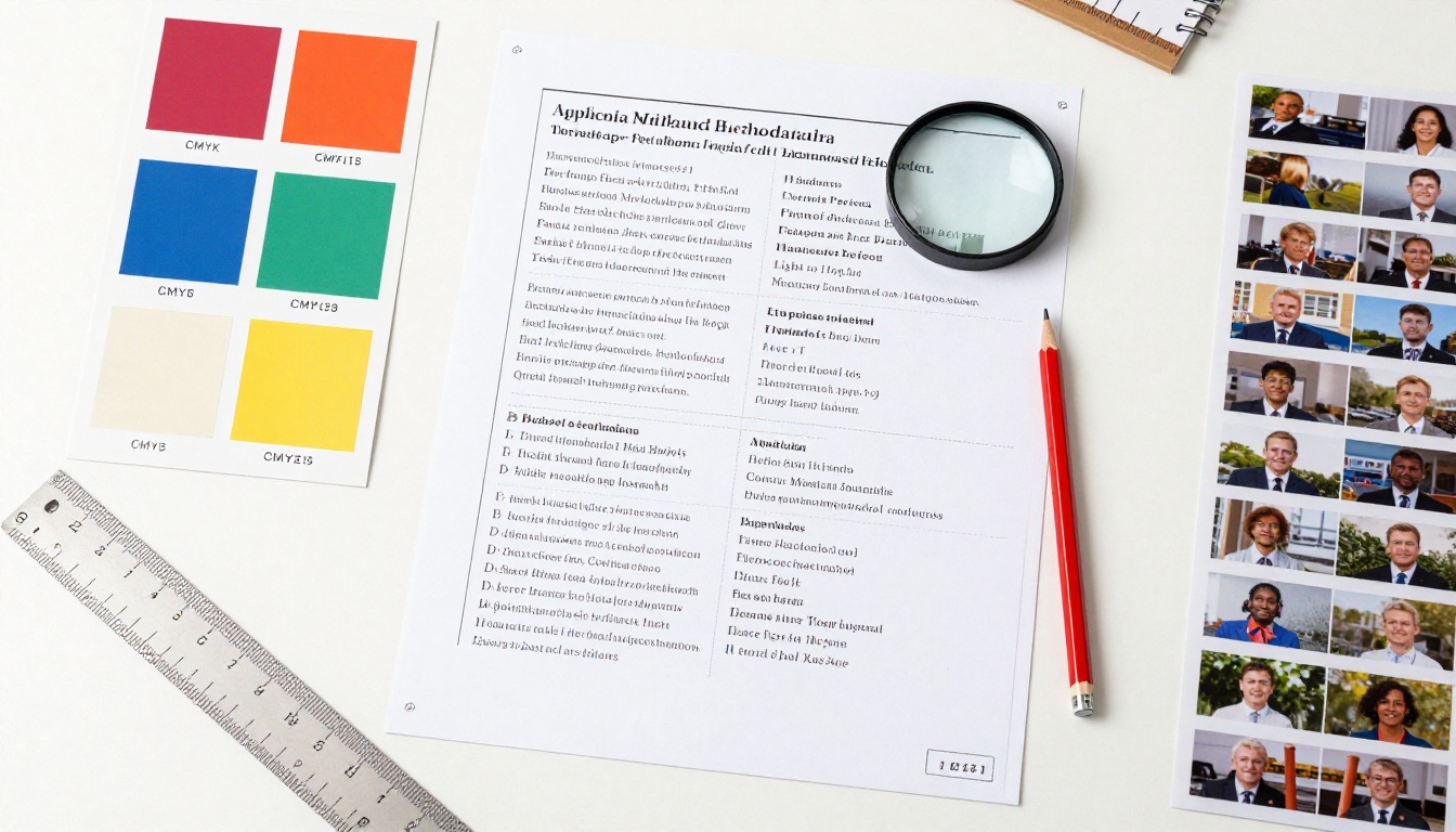 Overhead flat-lay of yearbook design materials including printed color swatches and typography specimens