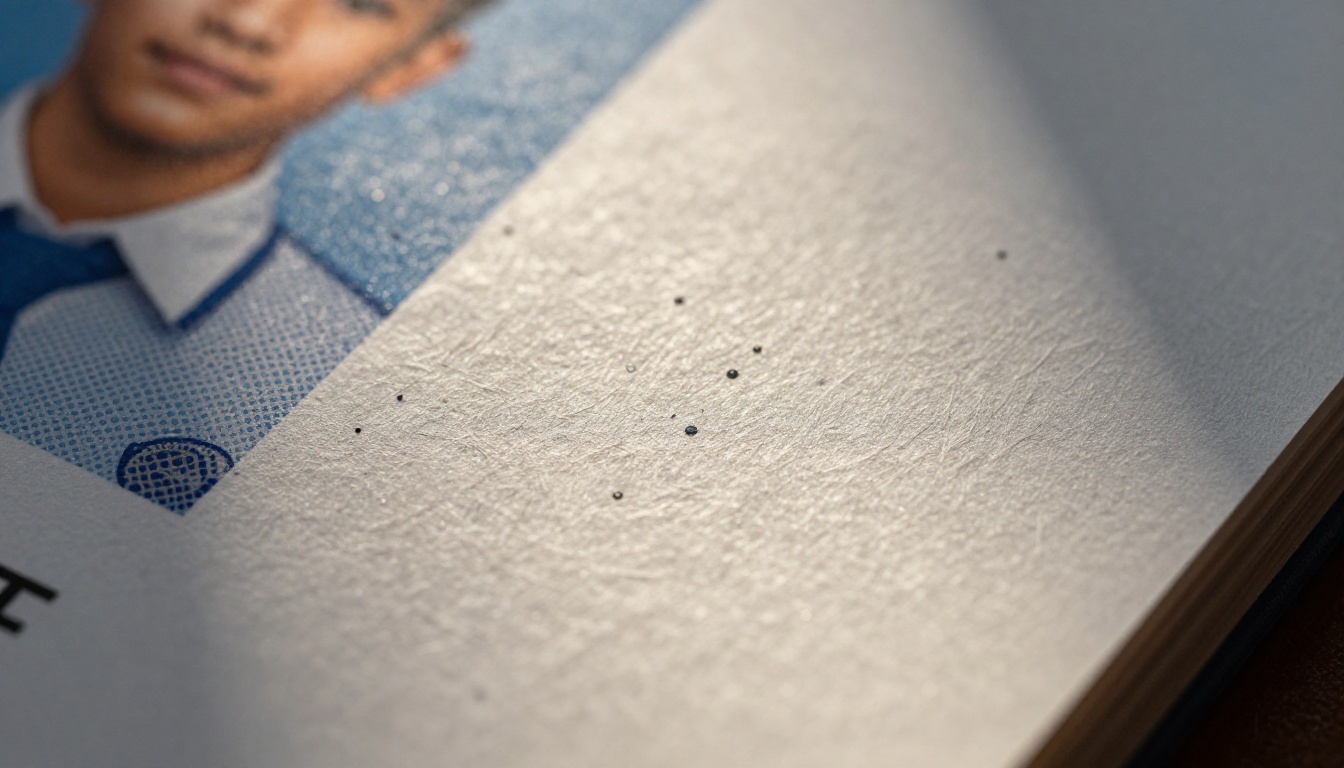 Extreme macro close-up of printed yearbook page showing paper fiber texture and individual ink dot patterns