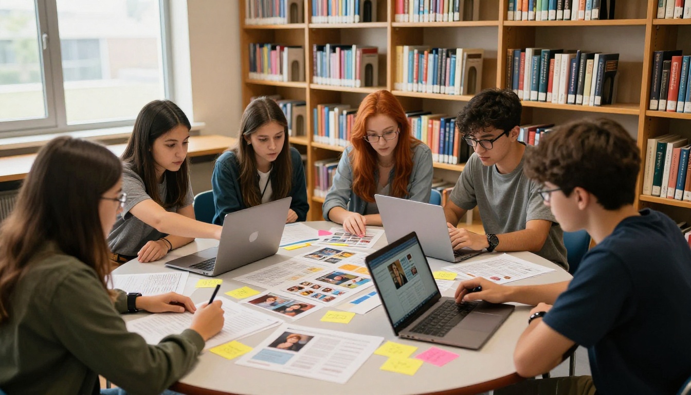 Yearbook committee students reviewing printed page proofs at a library table