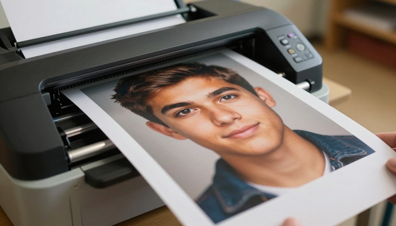 Photo printer producing a vivid senior portrait print emerging from the machine Photo printer producing a vivid senior portrait print emerging from the machine