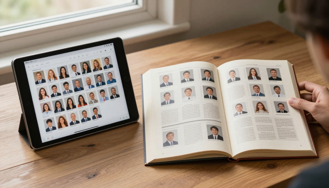 Tablet showing digital yearbook interface next to an open printed yearbook for side-by-side comparison Tablet showing digital yearbook interface next to an open printed yearbook for side-by-side comparison