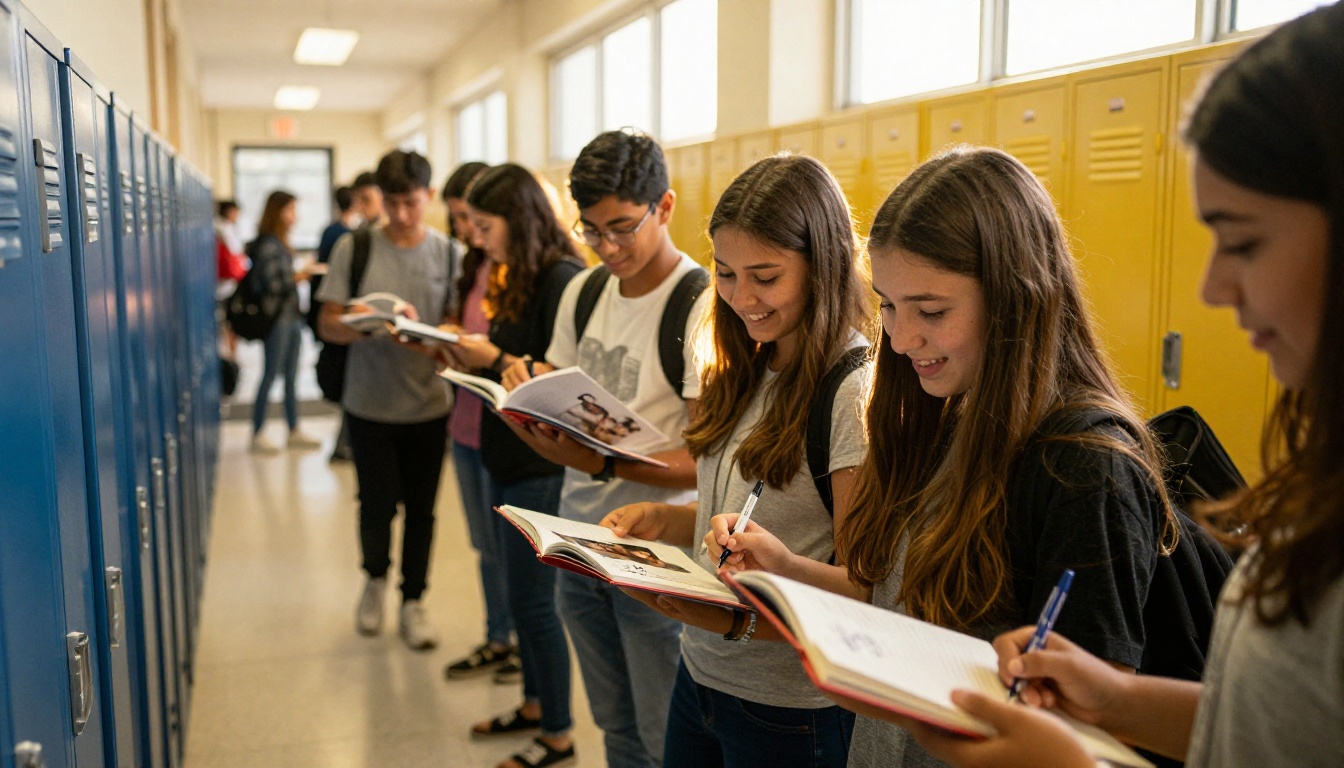 Students in a sunlit school hallway on yearbook signing day, laughing and writing in each others books Students in a sunlit school hallway on yearbook signing day, laughing and writing in each others books