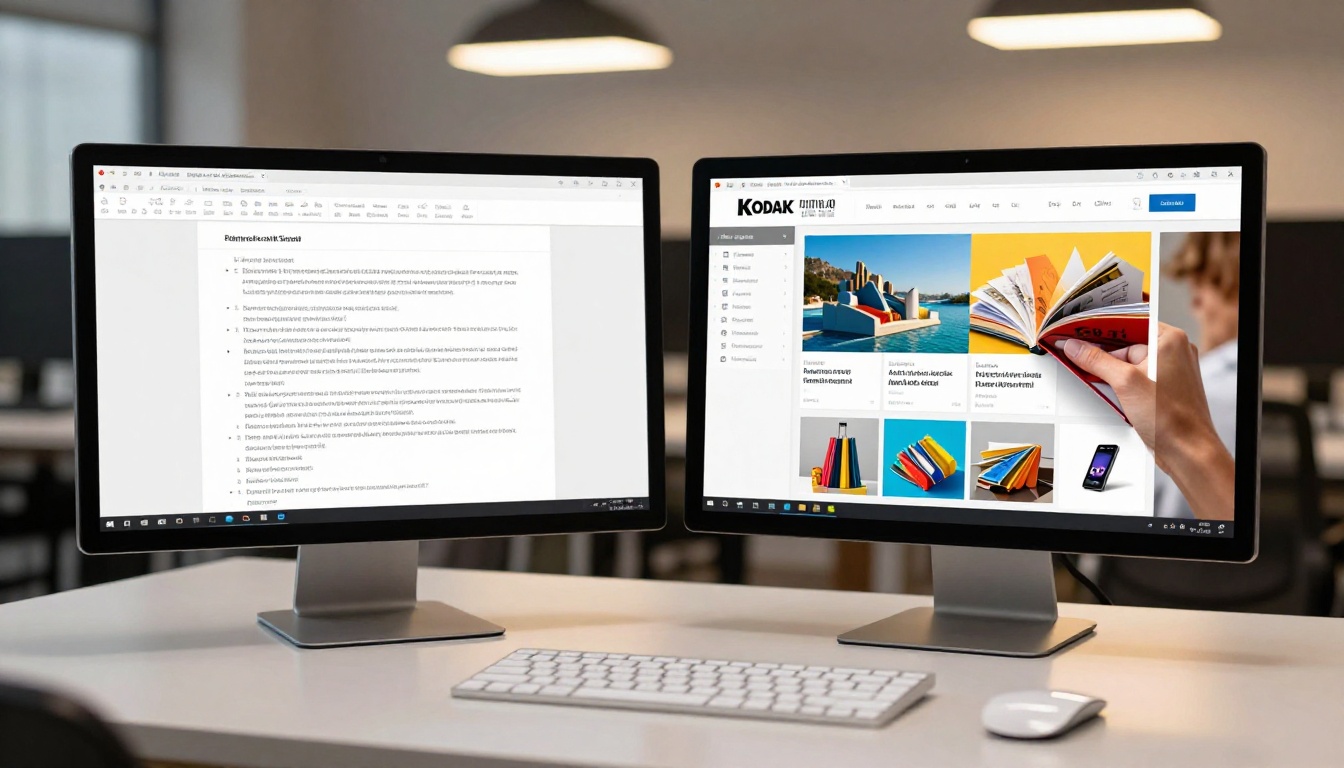 PDF vs flipbook catalog comparison on two monitors in a modern office PDF vs flipbook catalog comparison on two monitors in a modern office