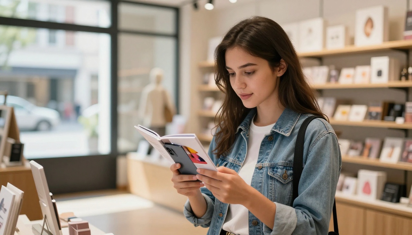 Young woman browsing a product flipbook catalog on smartphone in a boutique store Young woman browsing a product flipbook catalog on smartphone in a boutique store