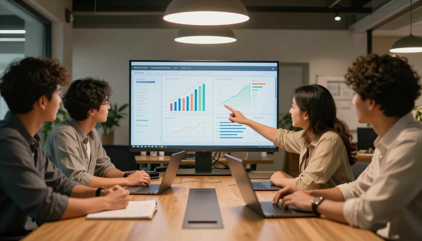 Marketing team reviewing catalog analytics and performance metrics on a curved monitor Marketing team reviewing catalog analytics and performance metrics on a curved monitor