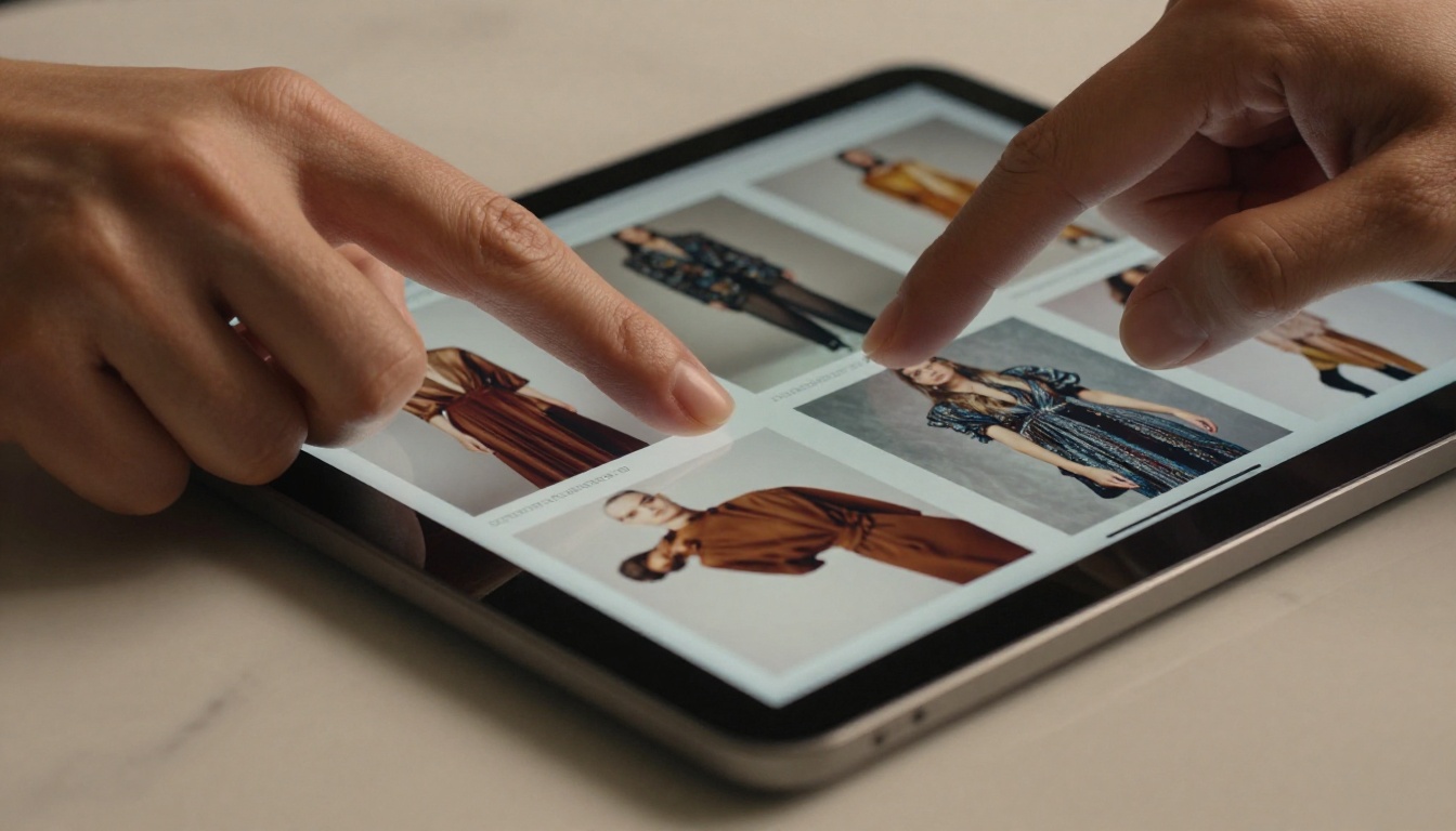 Close-up of elegant fingers swiping a luxury fashion catalog flipbook on a premium tablet Close-up of elegant fingers swiping a luxury fashion catalog flipbook on a premium tablet
