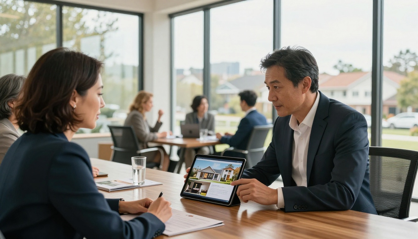 Real estate agent presenting a luxury property flipbook on an iPad to a well-dressed couple Real estate agent presenting a luxury property flipbook on an iPad to a well-dressed couple
