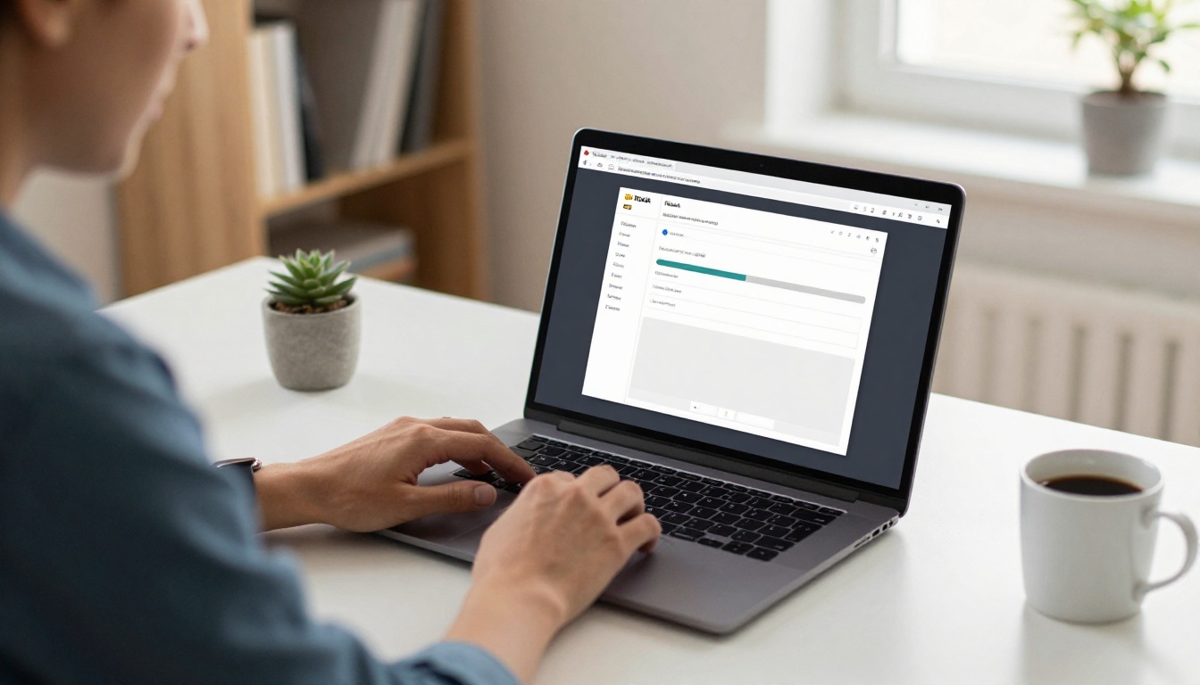 Business owner at a minimalist desk uploading a PDF catalog to convert to flipbook