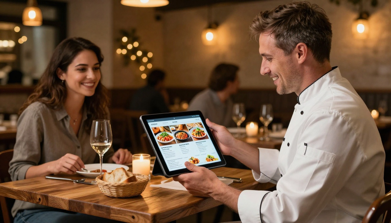 Restaurant owner in a white apron showing a digital menu flipbook on iPad to a smiling couple