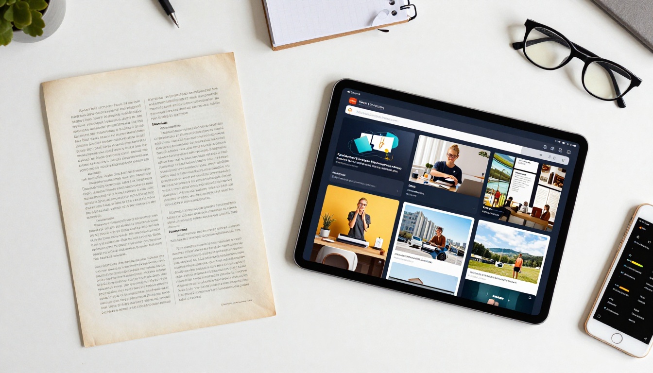 Aerial flat-lay of a printed paper catalog beside a glowing tablet displaying a digital flipbook