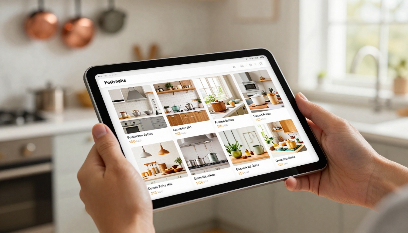 Close-up of hands holding a tablet showing an interactive digital product catalog with page-curl effect