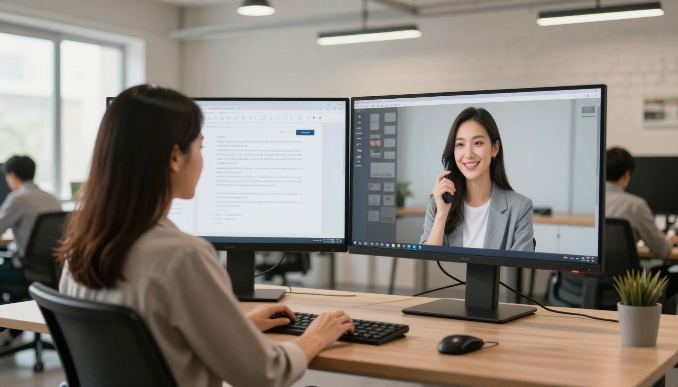 E-commerce manager comparing PDF and flipbook catalog on a split-screen monitor in a modern office