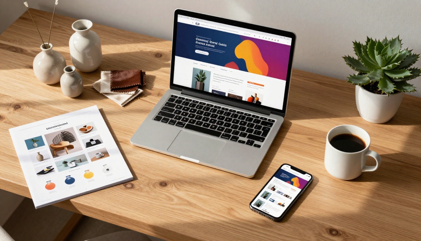 Aerial flat-lay of a wooden desk with laptop showing digital catalog, physical product samples, printed PDF booklet, and smartphone