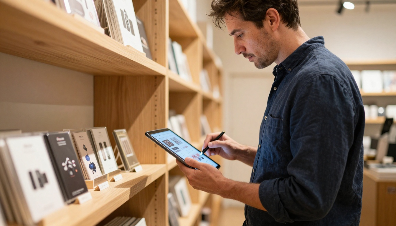 Small business owner in a boutique retail store holding a tablet showing a digital catalog that mirrors the shelved products Small business owner in a boutique retail store holding a tablet showing a digital catalog that mirrors the shelved products