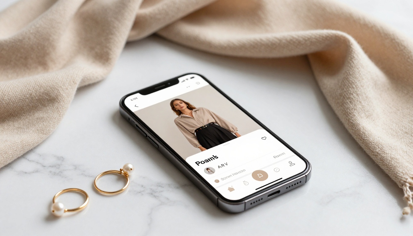 Smartphone lying on marble surface displaying a shoppable fashion catalog with price overlay and call-to-action button