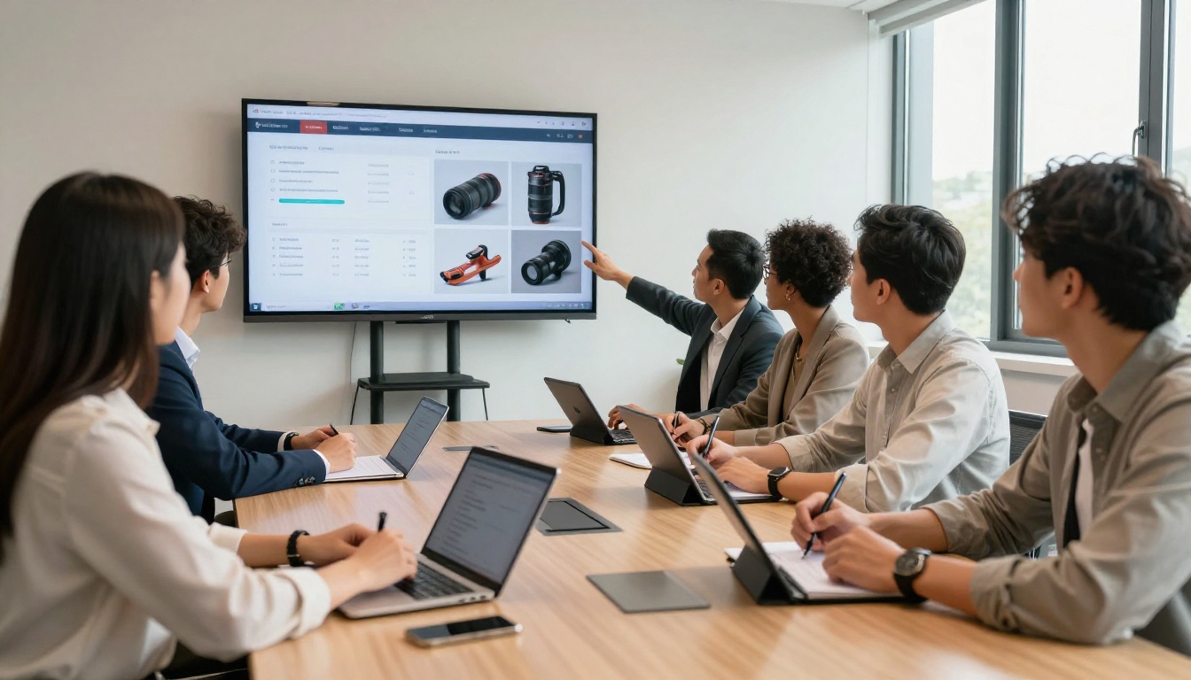 Business team gathered around a conference table reviewing digital catalog analytics on a wall-mounted screen Business team gathered around a conference table reviewing digital catalog analytics on a wall-mounted screen