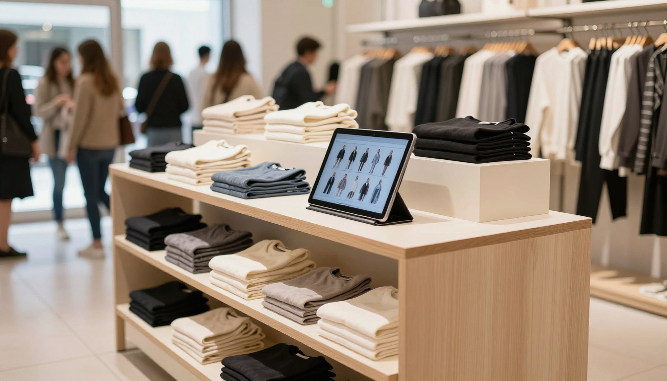 Fashion retail boutique with tablet mounted on stand showing digital fashion catalog that mirrors displayed clothing items