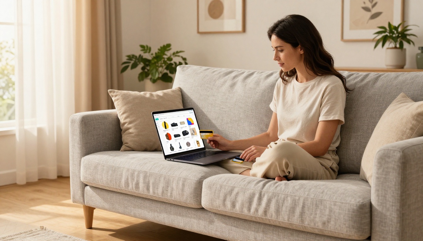 Woman seated on a linen sofa browsing a shoppable product catalog on her laptop, credit card on the armrest Woman seated on a linen sofa browsing a shoppable product catalog on her laptop, credit card on the armrest