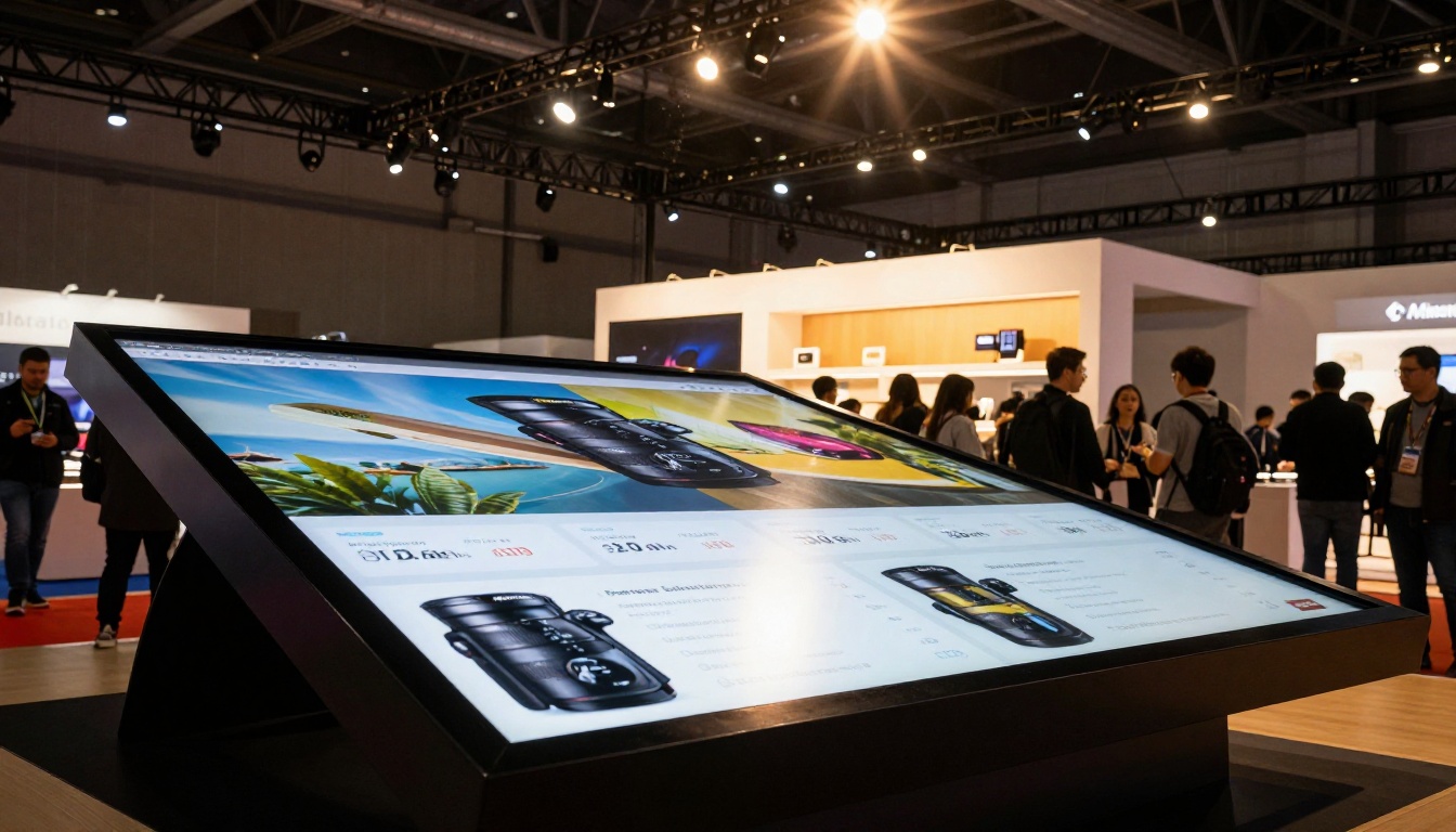 Low-angle shot of a large digital display at a trade show booth showing an interactive product catalog with visitors browsing in background Low-angle shot of a large digital display at a trade show booth showing an interactive product catalog with visitors browsing in background