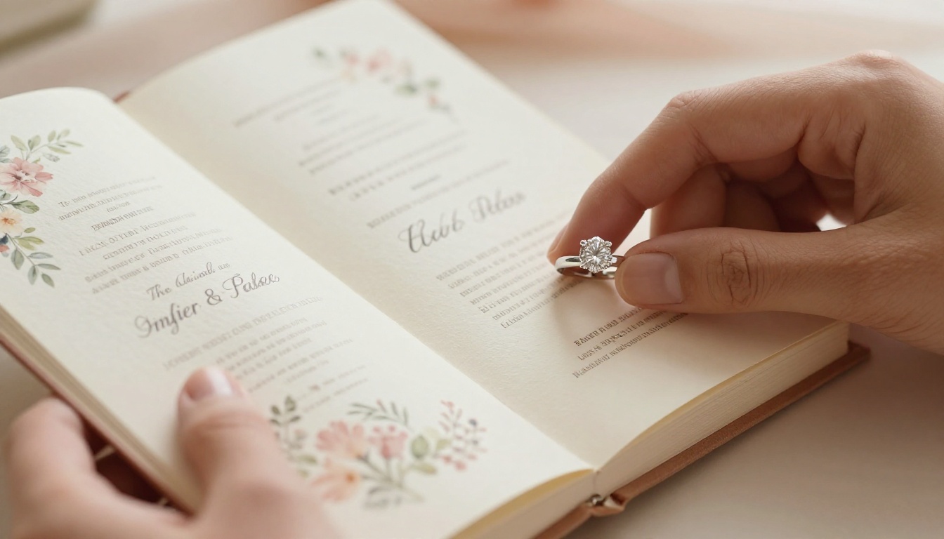 Hands gently turning the pages of a wedding invitation booklet with floral typography