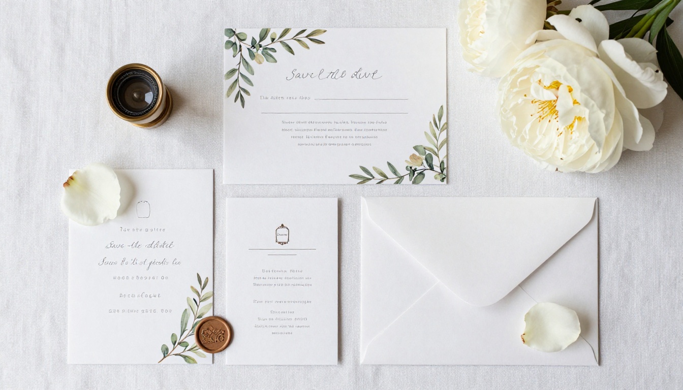 Aerial flat-lay of a complete wedding stationery spread with wax seals and peony petals