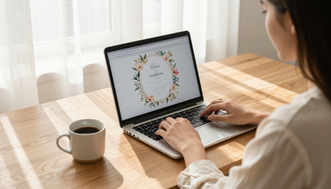 Woman at a light oak desk designing a wedding invitation on her laptop in morning light