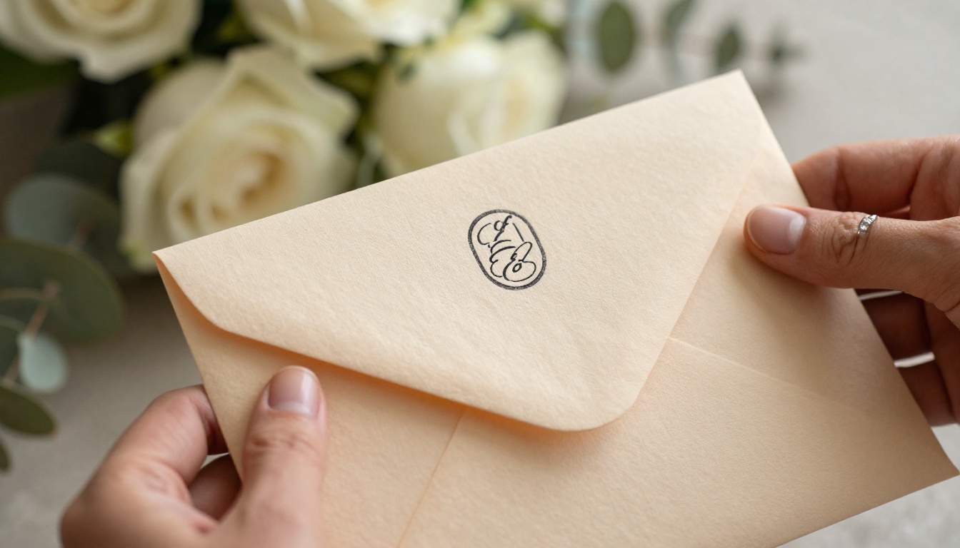 A wedding invitation being carefully placed into a champagne linen envelope with blurred roses in background
