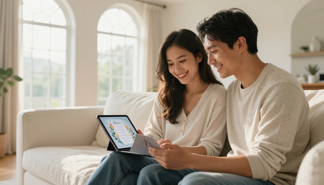 A couple smiling together as they browse a digital wedding invitation flipbook on a tablet