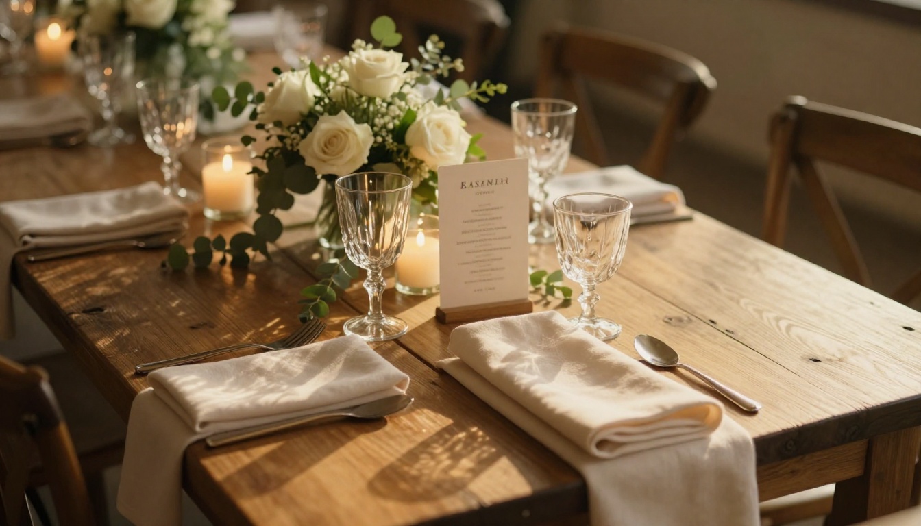 An elegant wedding reception table with ivory linen, crystal glassware, and candlelit rose centerpiece