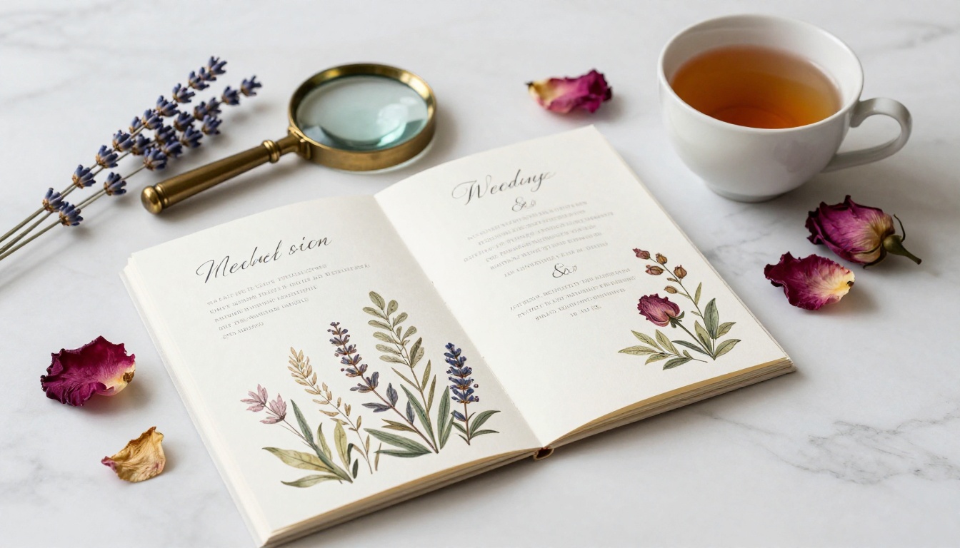 A styled marble workspace with a wedding invitation booklet open to botanical pages beside a vintage magnifying glass and tea