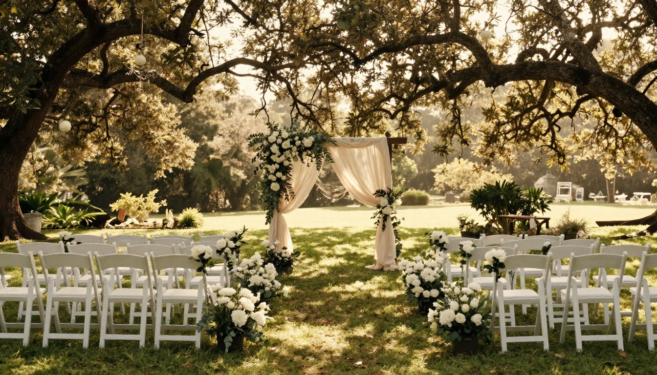 Romantic outdoor wedding ceremony with white wooden chairs and a floral arch in golden afternoon light