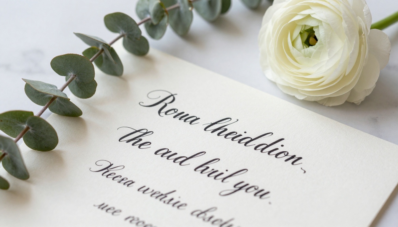 A close-up of a calligraphed wedding invitation card on white marble beside a white ranunculus and eucalyptus sprig