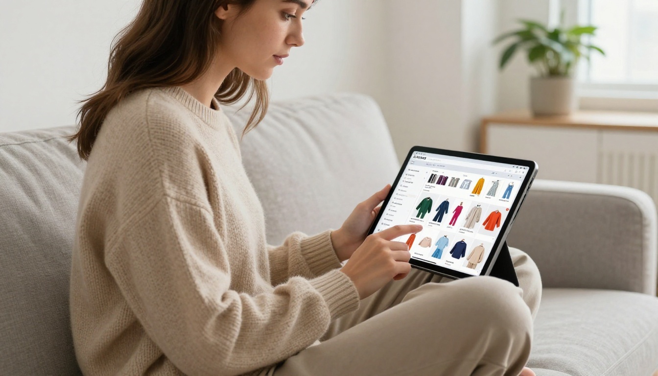 Woman in a beige sweater scrolling through an interactive digital catalog on a tablet, visibly focused, on a linen sofa Woman in a beige sweater scrolling through an interactive digital catalog on a tablet, visibly focused, on a linen sofa