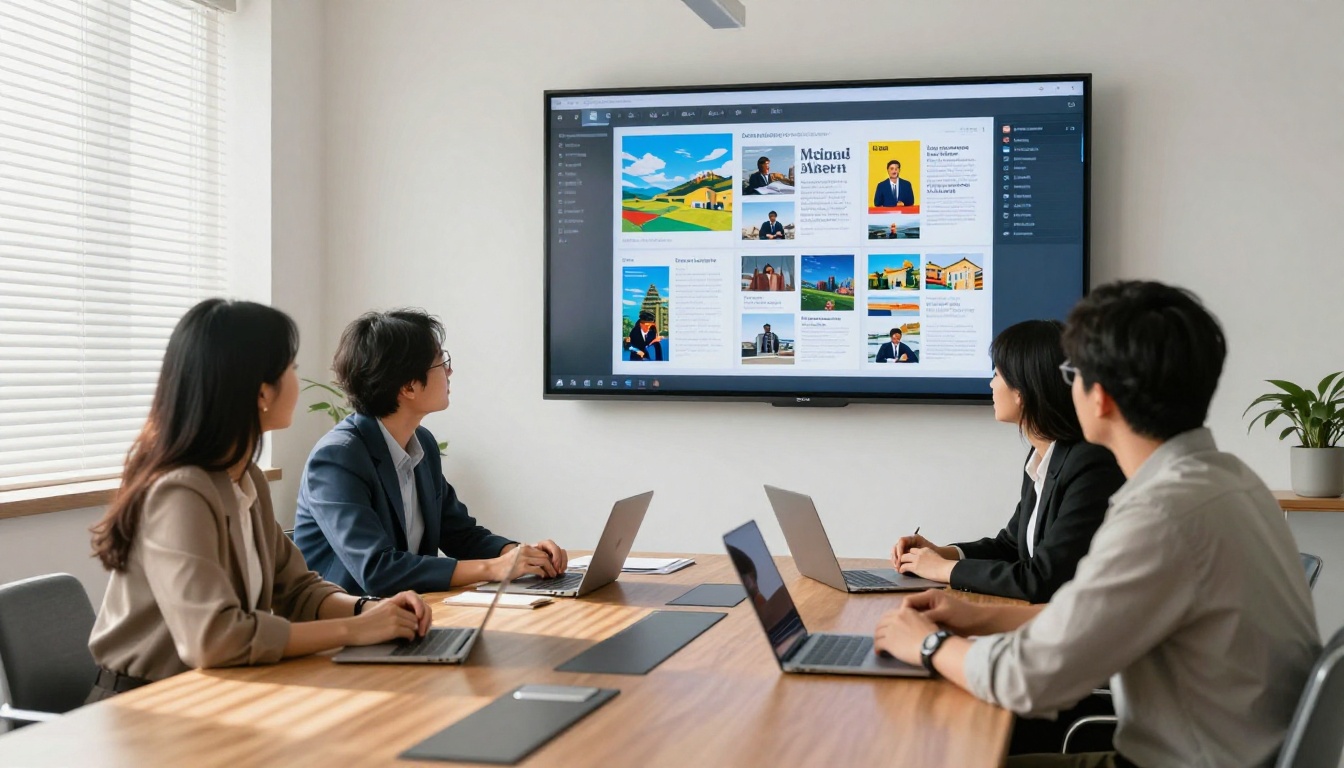 Business team gathered around a conference table reviewing a vibrant digital catalog on a large wall-mounted screen Business team gathered around a conference table reviewing a vibrant digital catalog on a large wall-mounted screen