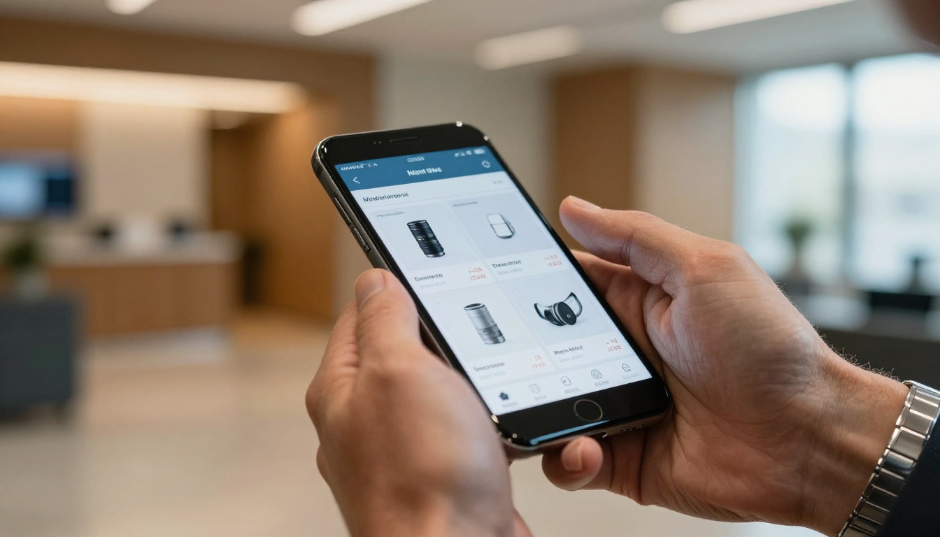 Man's hands holding a smartphone displaying a mobile-optimized digital catalog with product images and pricing, silver watch visible Man's hands holding a smartphone displaying a mobile-optimized digital catalog with product images and pricing, silver watch visible