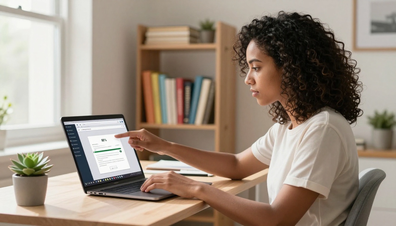 Female entrepreneur uploading a PDF to a flipbook platform from her sunlit home office standing desk Female entrepreneur uploading a PDF to a flipbook platform from her sunlit home office standing desk