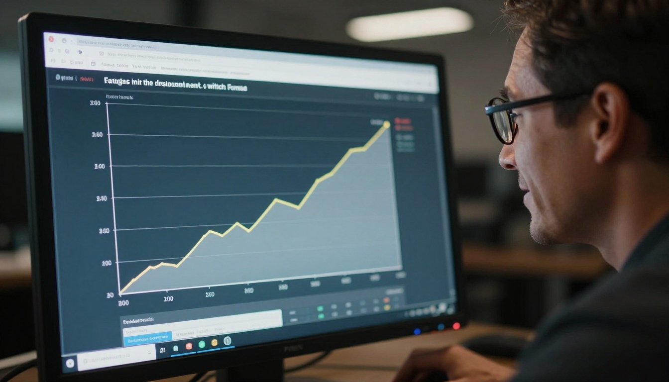 Desktop monitor glowing with a website analytics dashboard showing an upward trend, man with glasses visible in soft focus Desktop monitor glowing with a website analytics dashboard showing an upward trend, man with glasses visible in soft focus
