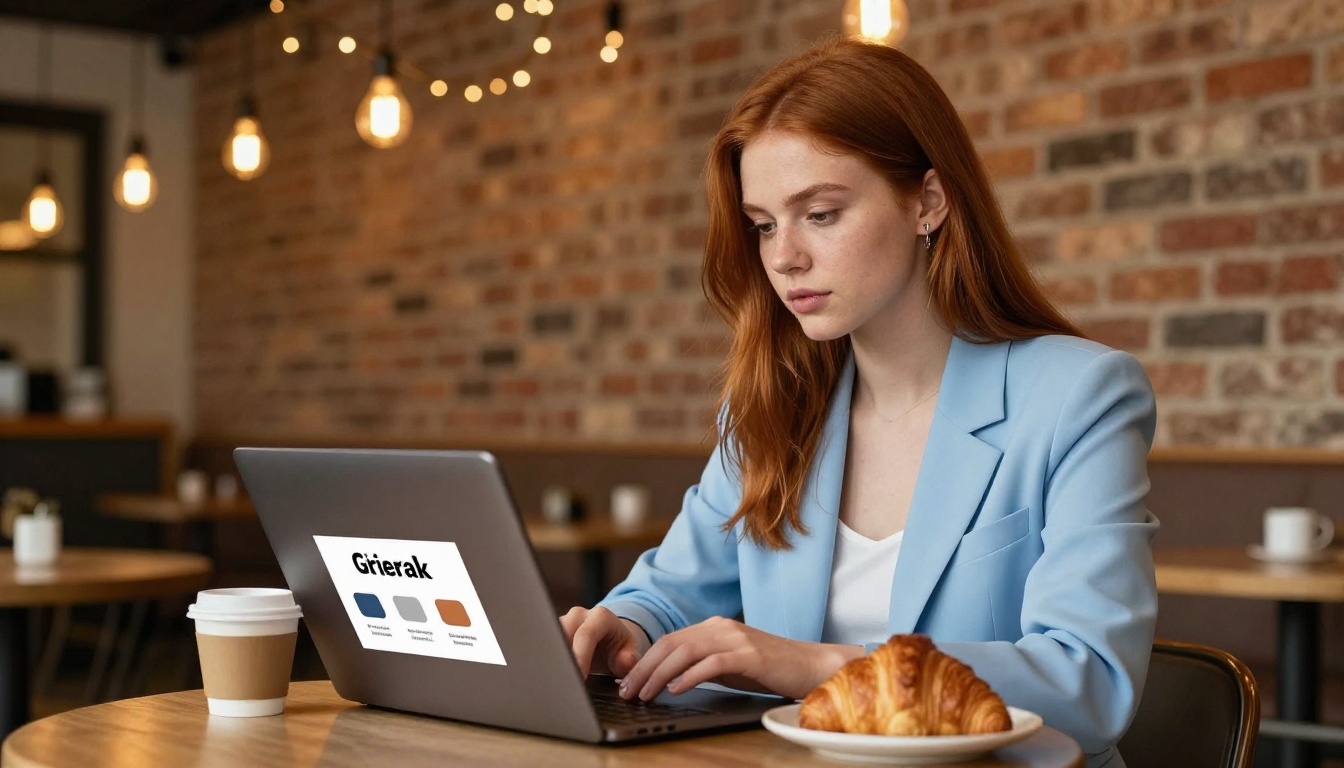 Young woman with auburn hair customizing a digital flipbook catalog on her laptop at a warm, rustic cafe table Young woman with auburn hair customizing a digital flipbook catalog on her laptop at a warm, rustic cafe table
