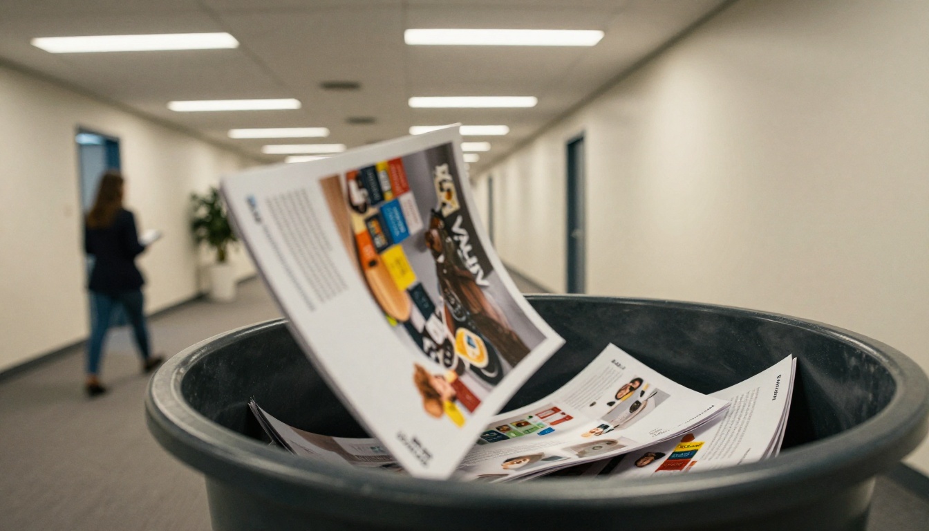 Large printed catalog being tossed into a recycling bin in a modern office hallway, motion blur on falling pages Large printed catalog being tossed into a recycling bin in a modern office hallway, motion blur on falling pages