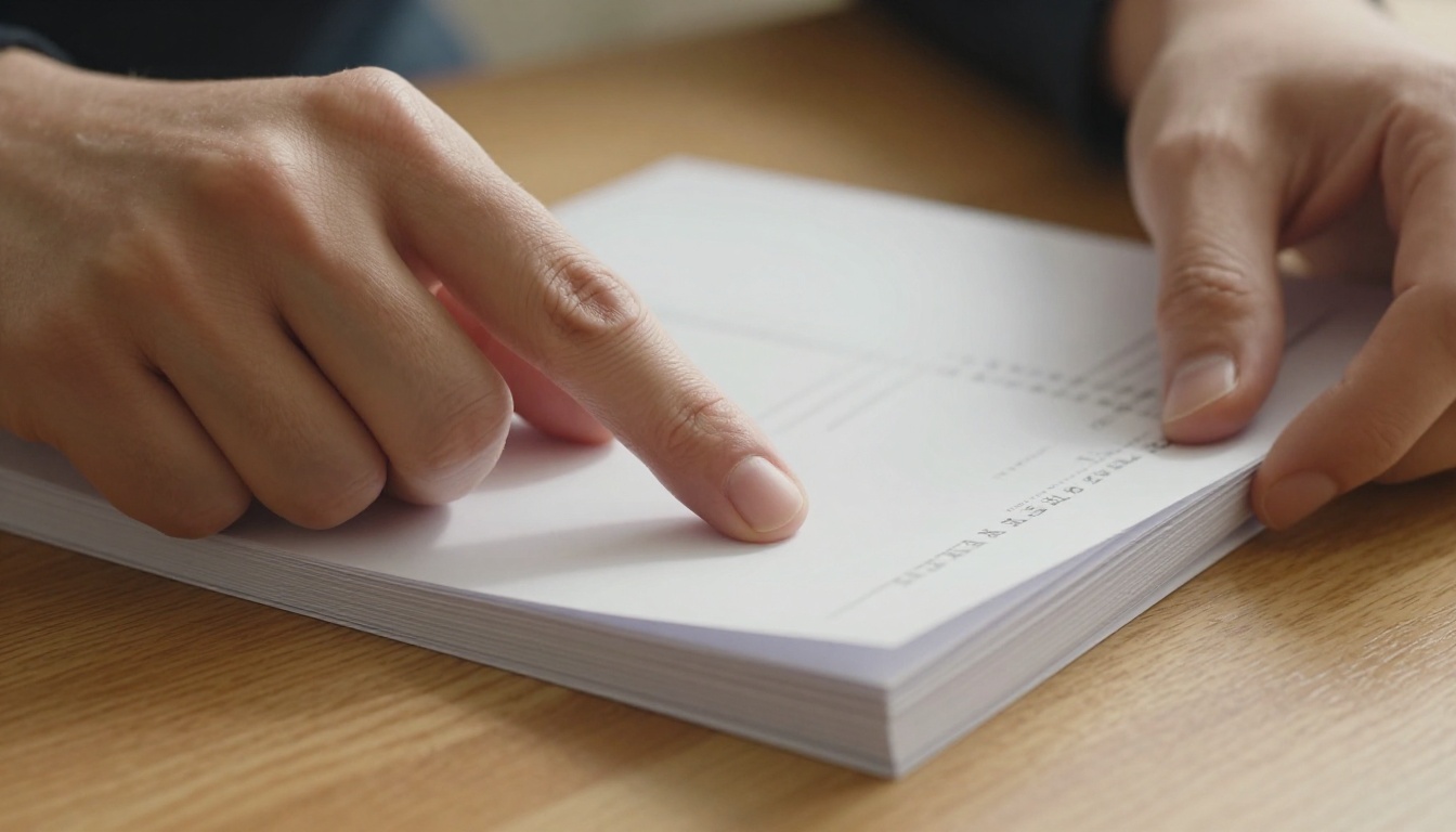 Hands mid-flip through a crisp white resume flipbook on a natural oak desk with warm morning light