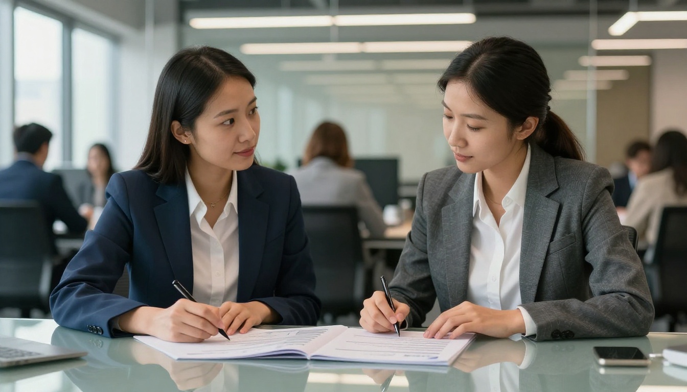 A professional hiring manager and a job candidate reviewing an open flipbook resume on a conference table