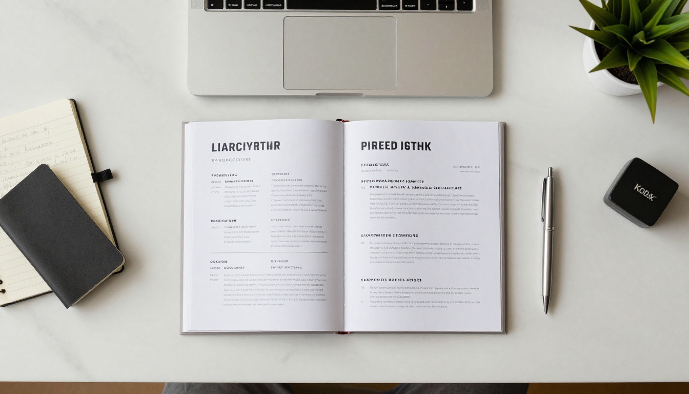Aerial overhead flat-lay of a flipbook resume open on a marble desk with a notebook, pen, and small plant