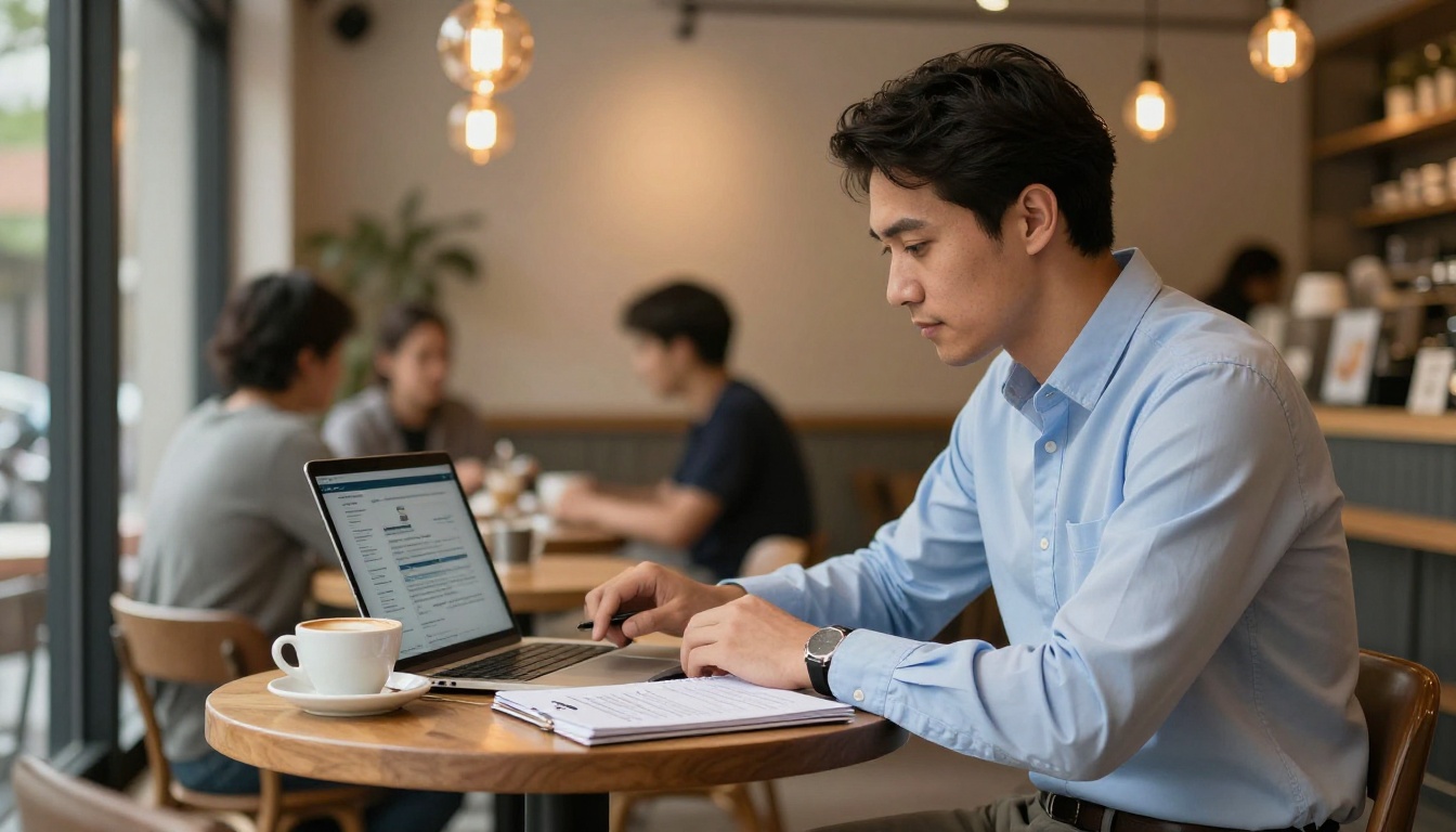 A professional man at a warm cafe reviewing his digital resume on a laptop beside a physical flipbook