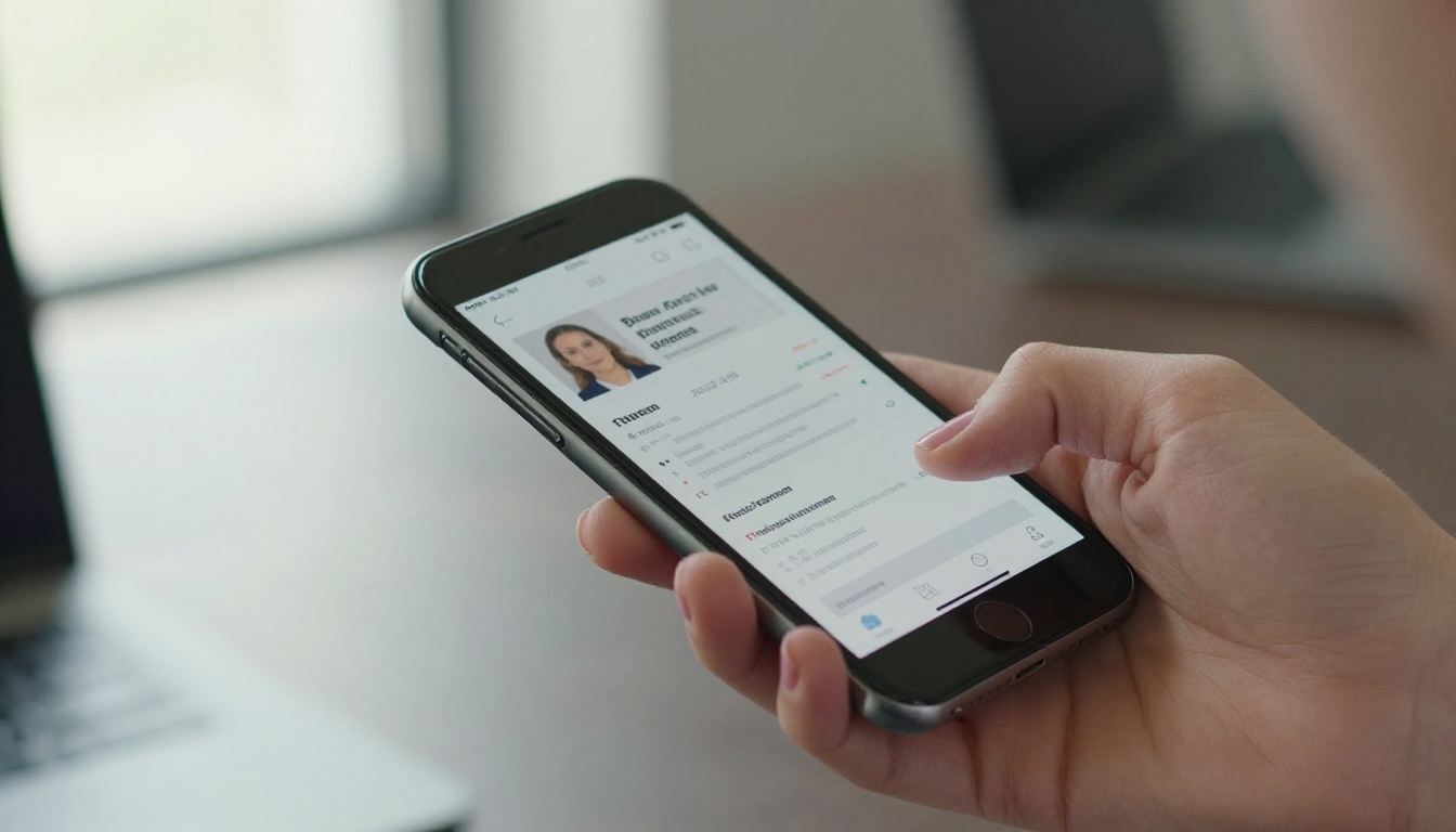 Close-up of a smartphone in a woman's hand showing a digital flipbook resume with a page-curl animation