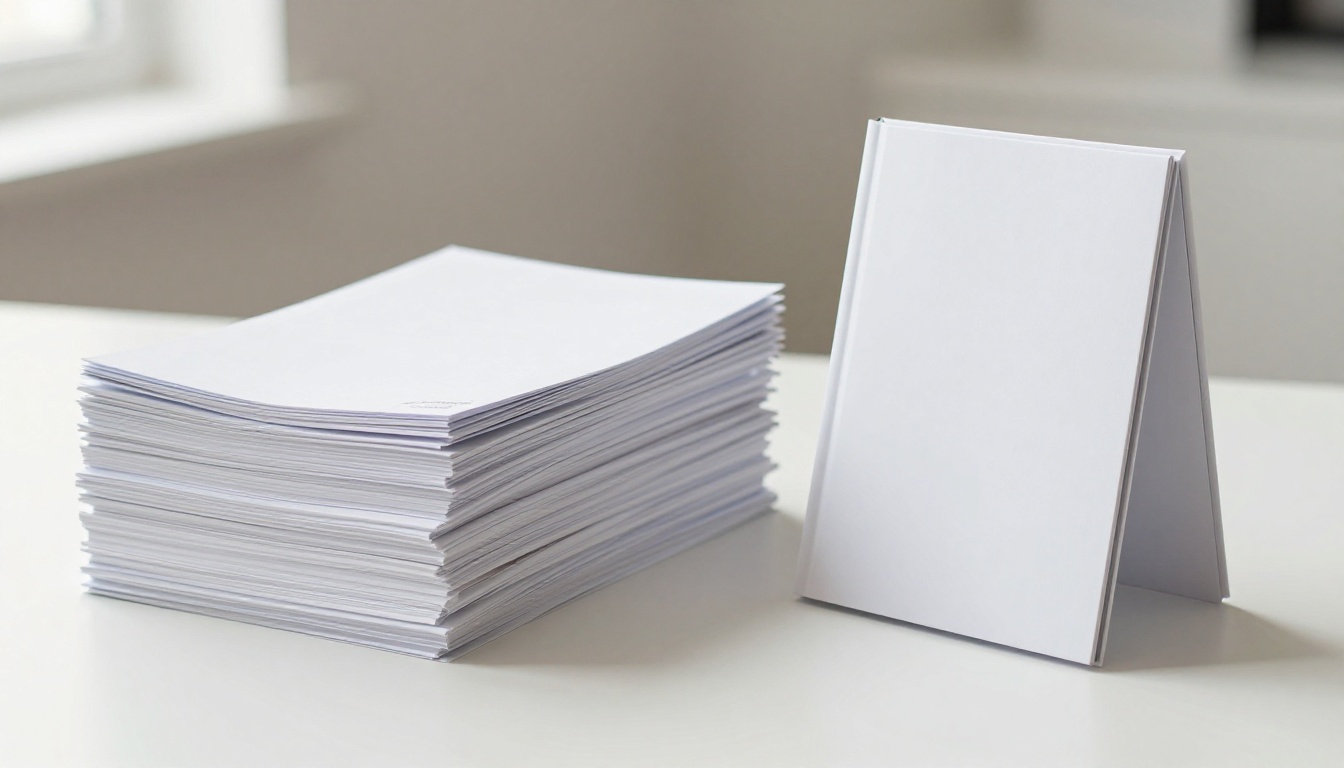 A thick stack of traditional paper resumes beside a single slim flipbook resume on a clean white desk