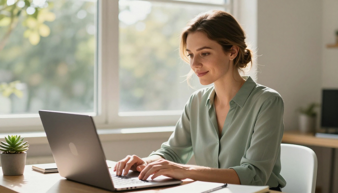 A professional woman uploading a PDF on her laptop at a bright home office desk with natural window light