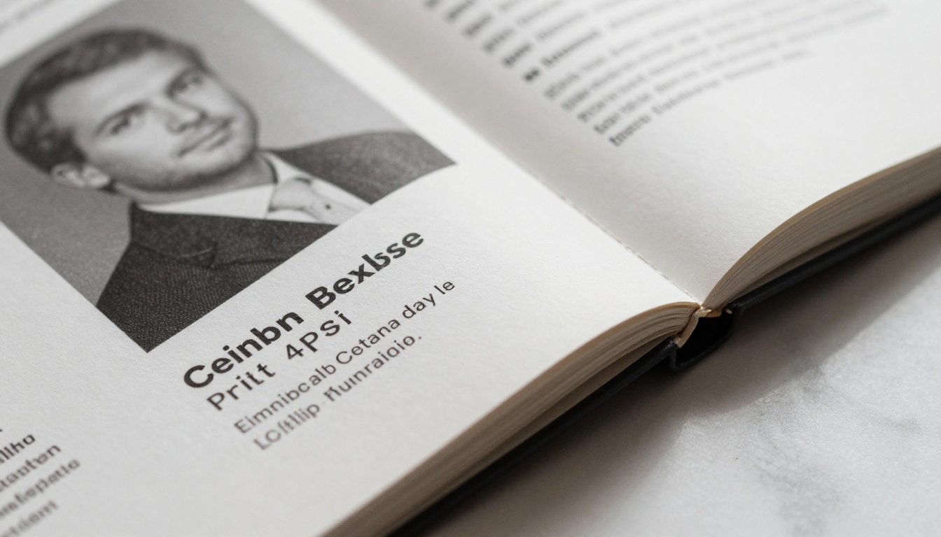 Close-up of a flipbook resume open to a professional headshot and clean typographic name on a white marble surface