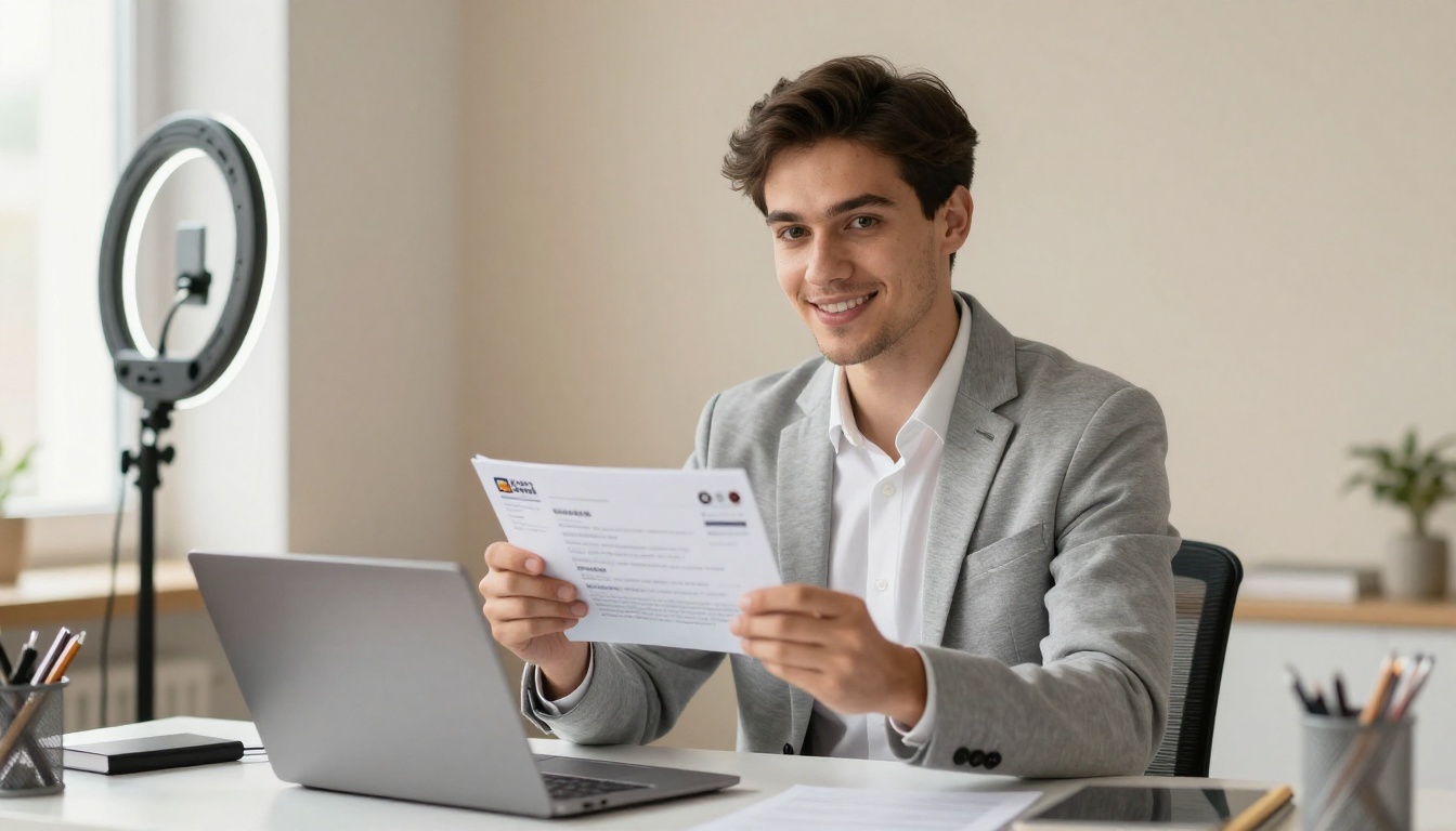 A young professional holding up a flipbook resume toward the camera during a video interview at a home desk