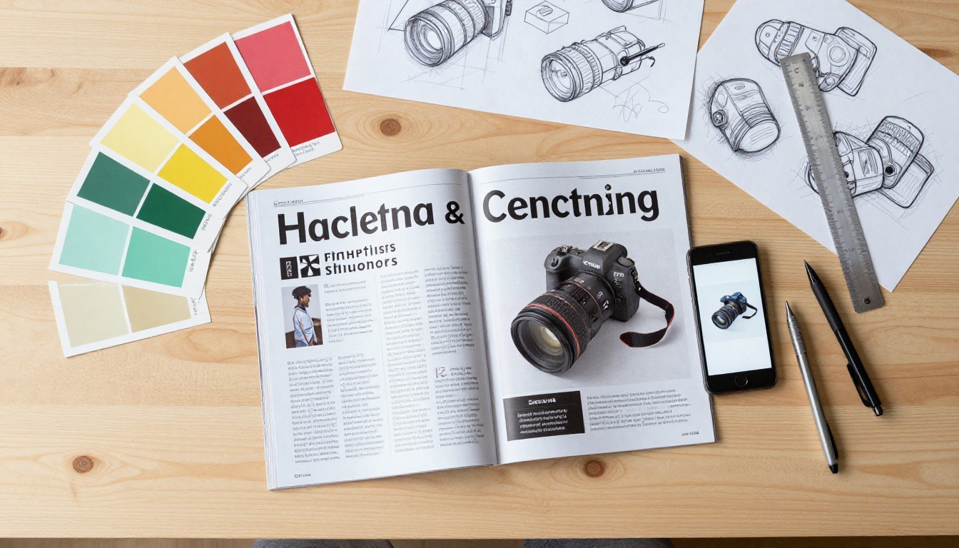Creative workspace with magazine spread and color swatches viewed from above
