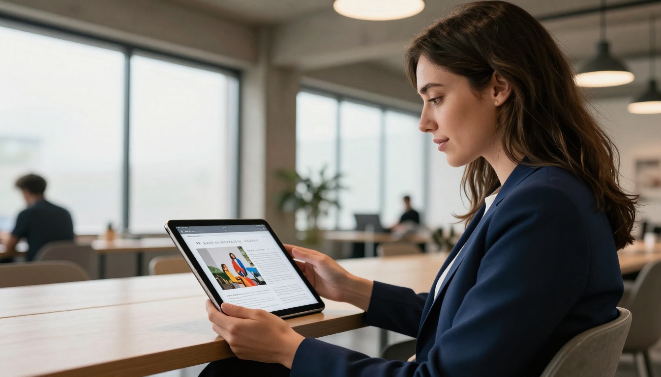Woman reviewing digital magazine content on tablet in modern co-working space